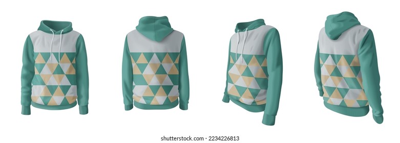 Realistic hooded sweatshirt with pattern mockup set isolated vector illustration