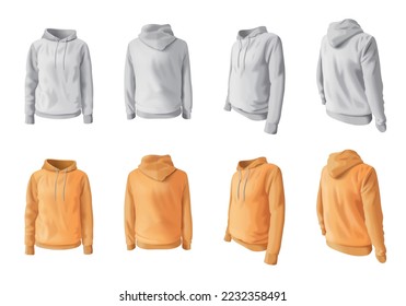 Realistic hoodie and hooded sweatshirt icons set in white and yellow colors isolated vector illustration