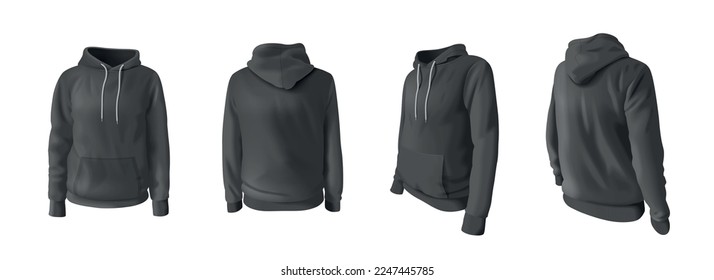 Realistic hoodie and hooded sweatshirts mockup set in black color isolated vector illustration