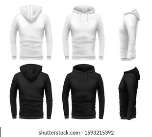 Realistic hoodie mockup. Black sweatshirt, white urban wearing hoodie and realistic clothes template 3D sweatshirts with hoodie vector set. Black and white hoody in different angle views