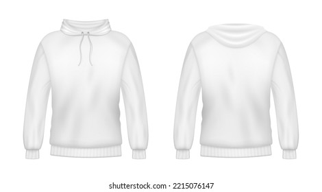 Realistische Hoodie Sweatshirt weiße 3D Mock up Vorlage. Fashion-Langärmelkleidung mit Pullover-Vorderrückansicht. Männerbekleidung aus Baumwolle für Frauen. Vektorgrafik