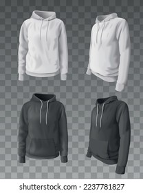 Realistic hoodies and hooded sweatshirt mockup set in white and black colors on transparent background isolated vector illustration