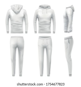 Realistic hoodies and pants mockup. Man sportswear, white hoodie and sweat pant. Male trousers and sweatshirt template. Fashion clothes or tracksuit for active sport training vector illustration set.