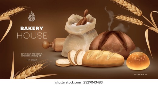 Realistic horizontal ad poster template for bakery house with fresh bread and buns on brown background with wheat ears vector illustration