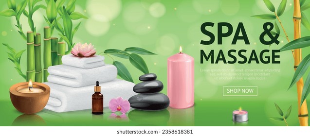 Realistic horizontal bamboo poster with spa and massage headline and shop now button vector illustration