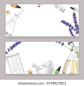 Realistic horizontal banners with tools and flowers for making essential oil for aromatherapy isolated vector illustration