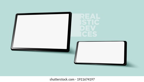 Realistic horizontal black tablet pc pad computers and smartphone mockups vector EPS.