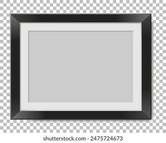 Realistic horizontal blank black picture frame with shadow. Empty rectangular photo frame for art gallery or interior. Vector illustration isolated on transparent background.
