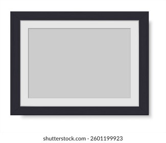 Realistic horizontal blank picture frame with shadow. Wooden black  rectangular photo frame with wood texture for art gallery or interior. Vector illustration isolated on white background.
