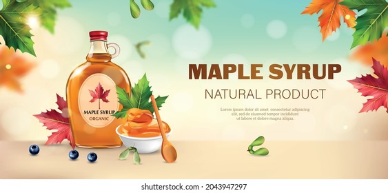 Realistic horizontal blurred poster with glass bottle and bowl of natural maple syrup berries colorful leaves vector illustration