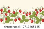 Realistic horizontal border illustration of vibrant strawberry plants, abundant with ripe red berries, white blossoms, and green leaves.