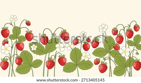 Realistic horizontal border illustration of vibrant strawberry plants, abundant with ripe red berries, white blossoms, and green leaves.