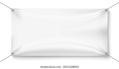 Tela horizontal realista em cordas. Montagem de banner para publicidade. Pano retangular estirado. Painéis têxteis. Material com textura dobrável. Grafite 3D em cordas. Plano de fundo do vetor