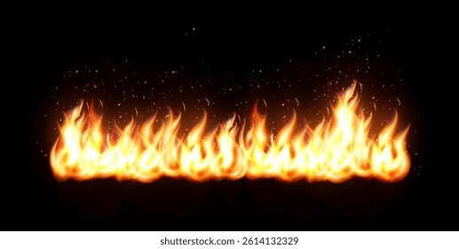 Realistic Horizontal Fire Border With Glowing Flames And Flying Sparks On Dark Background. Vector Illustration