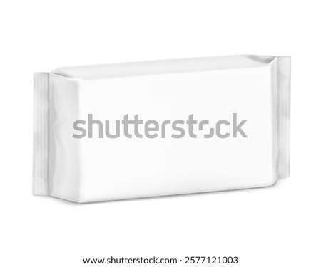 Realistic horizontal flow pack mockup for food. Half side view. Vector illustration isolated on white background. Can be use for your design, promo, adv and etc. EPS10.
