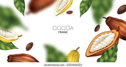 Marco horizontal realista con hojas de vástago de cacao y ilustración vectorial de efecto desdibujado