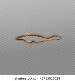 Agujero Horizontal realista quemado a través de material texturizado gris con bordes de color naranja brillante y humo