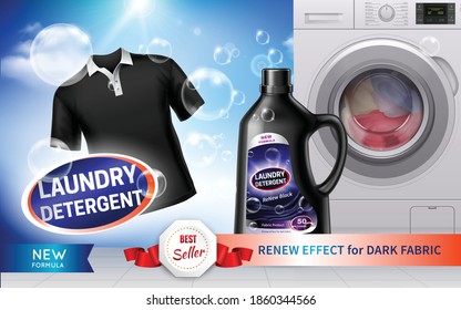 Realistic horizontal laundry detergent banner with renew effect for dark fabric description vector illustration