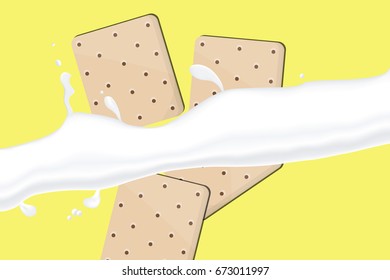 Realistic horizontal milk splash and cookies isolated on soft yellow background