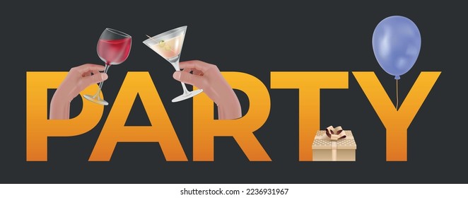 Realistic horizontal party text banner with gift box balloon and human hands holding glasses of alcoholic drinks on black background vector illustration
