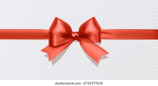 Realistic horizontal red satin ribbon with a central decorative bow. High-quality vector illustration featuring smooth silk texture and soft drop shadows on a transparent background. Ideal design element for gift wrapping, greeting cards, festive banners, and holiday invitations. Suitable for Christmas, Valentine's Day