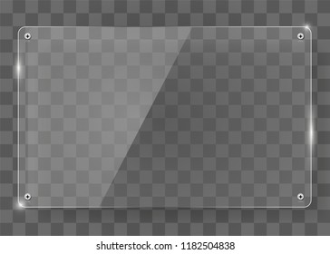 Realistic horizontal transparent glass frame with shadow. Modern background. Vector illustration