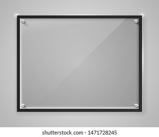 Realistic horizontal transparent glass frame with shadow. Modern background. Vector illustration