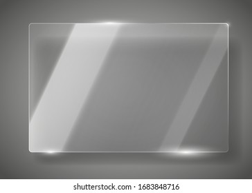 Realistic horizontal transparent glass frame with shadow. Modern background. Vector illustration