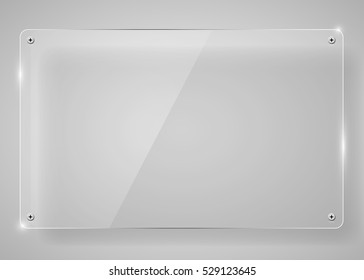 Realistic horizontal transparent glass frame with shadow. Modern background. Vector illustration