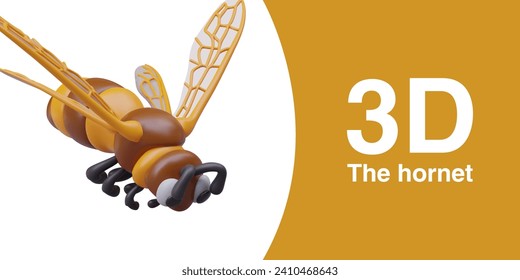 Realistic hornet flying on white background with orange colors and place for text. Angry hornet wasp mascot. Vector illustration in 3d style with place for text