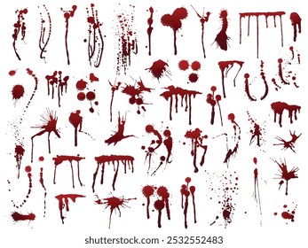 Realistische Horror-Blutspritzer. Tropfmuster, rote Tintenkleckse, farbige Flecken und Tropfen für Horror, Tatort und Halloween-Design. Gespenstische Vektorgrafik.