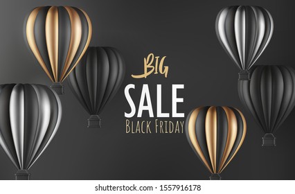 Realistic hot air balloon black gold and silver finish for black Friday flyer or banner template. Vector illustration