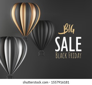 Realistic hot air balloon black gold and silver finish for black Friday flyer or banner template. Vector illustration