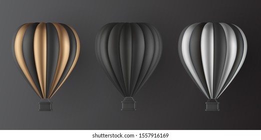 Realistic hot air balloon set in black gold and silver finish variation elements for landing page template, flyer or banner template. Vector illustration