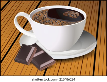 Realistic hot black coffee cup with foam and dark brown chocolate pieces on brown wooden table. food and drink concept - mug of cafe, vector art image illustration, isolated on wood background, eps10