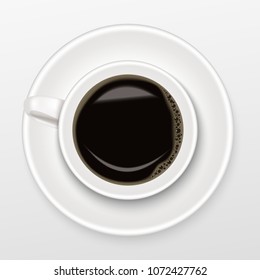Realistic of hot black coffee in a white Cup of Coffee on saucer with black coffee, top view and isolated on white background, Realistic vector concept.