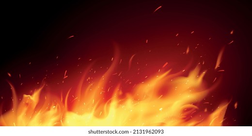 Realistische, heiße brennende Flamme mit Funken auf dunklem Hintergrund, Vektorgrafik