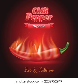 Realistic hot chilli pepper with flames advertisment vector illustration