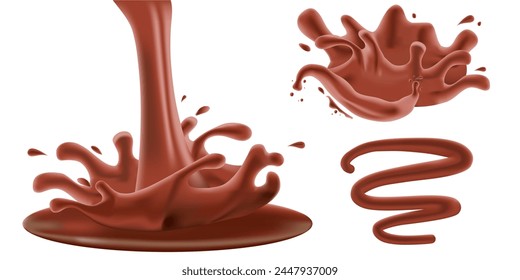 Realistic Hot Chocolate or Cacao Splash Set. Appetizing Liquid Dessert. Vector Illustration for Product Design or Advertising Needs.