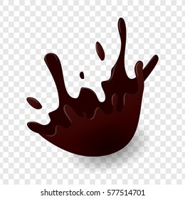 Realistic hot chocolate drop shape splash. 3D vector illustration. Banner hot chocolate dessert. Tasty trendy picture.