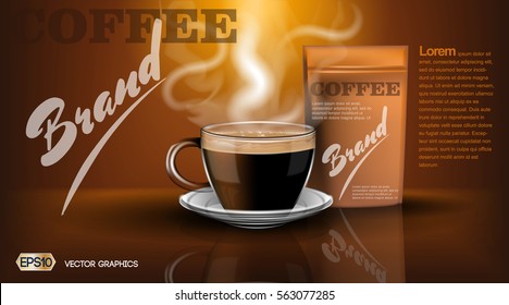 Realistic hot coffee cup and package Mockup template for branding, advertise and product designs. Fresh steaming hot drink in a cup