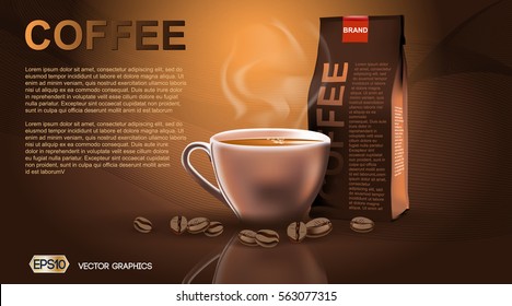 Realistic Hot Coffee Cup And Package Mockup Template For Branding, Advertise And Product Designs. Fresh Steaming Hot Drink In A Cup With Roasted Beans