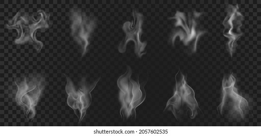 Realistic hot coffee steam, food vapor or smoke effect. Abstract aroma waves, tea vapour, fog swirls, mist flow and haze elements vector set. Fume from drink or dish, hookah or cigarette