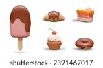 Realistic hot and cold desserts. Color creative isolated illustration. Popsicle with topping, croissant, piece of cake, muffin with cherry, donut. Detailed vector images