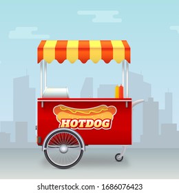 Realistic Hot dog cart. Street fast food market on big city backdrop. Template with kiosk of seller fast food. Trolley for outdoor service with hot dog logo. Vector 3d illustration