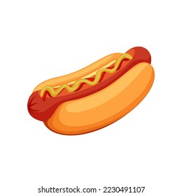 Realistic hot dog cartoon illustration. Delicious hot dog. Junk food, unhealthy diet concept