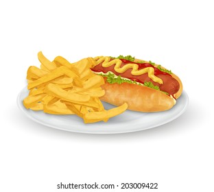 Realistic hot dog and french fries fast food on plate isolated on white background vector illustration