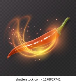 Realistic hot pepper on dark background with bright fire that envelops chili pepper, vector illustration on dark background