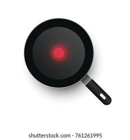 A realistic hot vector frying pan heated up. View from above. Red thermo spot