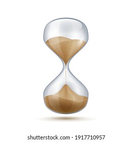 Realistic Hourglass. 3D Sand Clock. Old-fashioned Stopwatch For Time Measurement. Connected Transparent Flasks With Falling Grains Measure Seconds. Vintage Countdown Timer. Vector Isolated Glass Watch